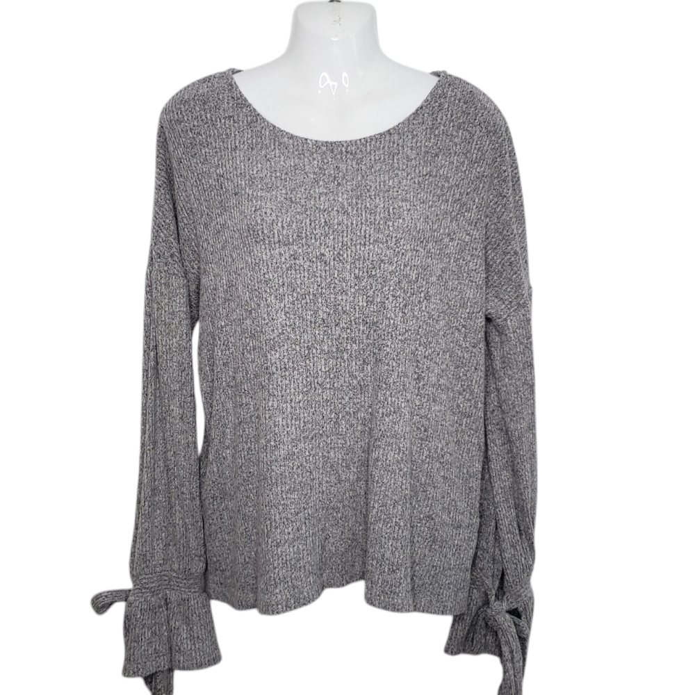 Lucky Brand Knit Sweater Women's Size Large Grey Crew Neck Tie Wrist